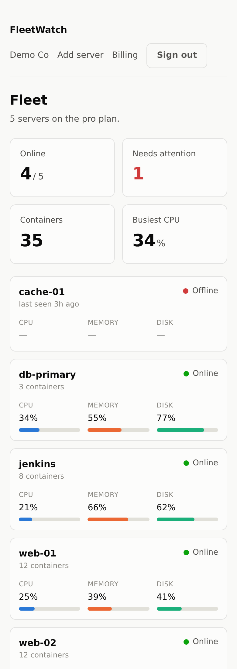 The fleet page on a phone, one server per card.